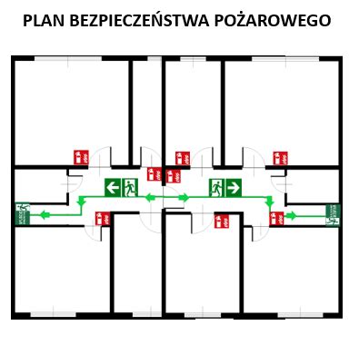 Ilustracja przedstawiająca rozmieszczenie sprzętu gaśniczego i oznakowania ewakuacyjnego podczas imprezy masowej