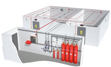 Przykładowa instalacja systemu gaszenia gazem w serwerowni z widocznymi dyszami i czujnikami
