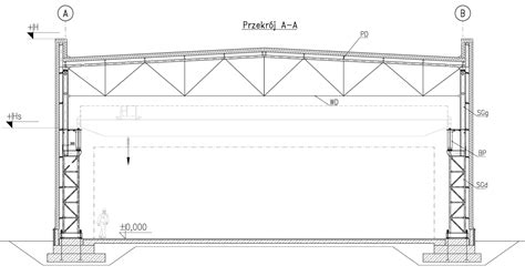 przekrój poprzeczny hali łukowej z widocznymi dźwigarami