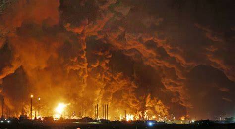Gęste kłęby czarnego dymu unoszące się nad zakładem Sinopec Shanghai Petrochemical po pożarze