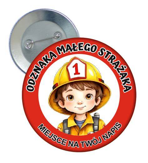 Ilustracja przypinki medal z uśmiechniętą dziewczynką w stroju strażaka, z napisem