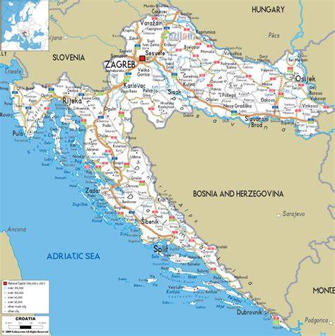 mapa Chorwacji z zaznaczonymi obszarami pożarów: Szybenik, Krka, Makarska, Zadar