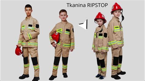 Różnorodne stroje strażackie dla dzieci, od prostych kurtek po kompletne zestawy.