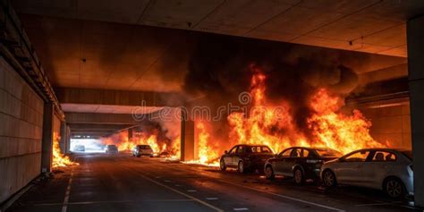 Thematic photo of a large fire in an underground garage with smoke visible