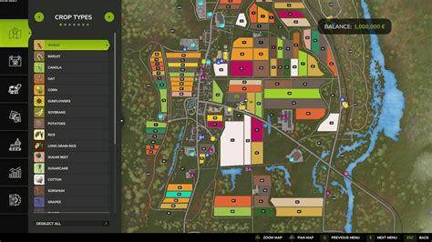 Mapa Farming Simulator 17 z zaznaczonymi obszarami pól