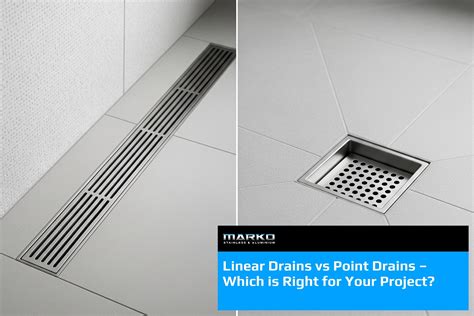Infographic comparing linear and point drains, highlighting water flow and area coverage.