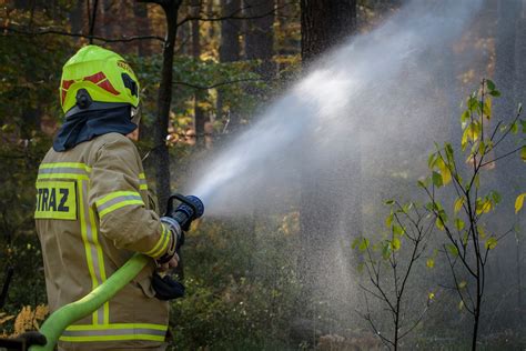 Strażacy w sprzęcie ochronnym podczas gaszenia pożaru samochodu na otwartej przestrzeni