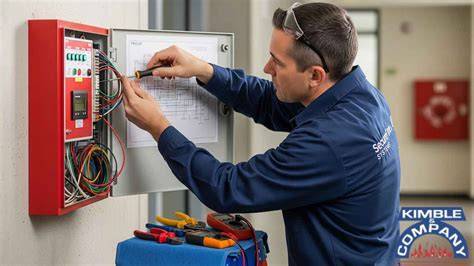 Technician performing maintenance on a fire alarm control panel, showing certification