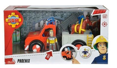 Zawartość zestawu Dickie Strażak Sam: wóz Phoenix, wóz Vet, przyczepa i figurki koni.