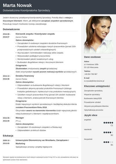 Przykładowy szablon CV z wyróżnionymi sekcjami: podsumowanie, doświadczenie, umiejętności, edukacja i zainteresowania