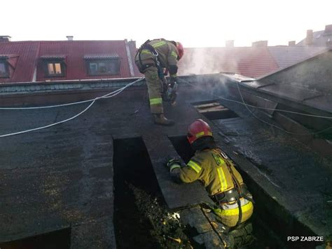 Strażacy gaszący pożar na dachu budynku z użyciem drabiny mechanicznej