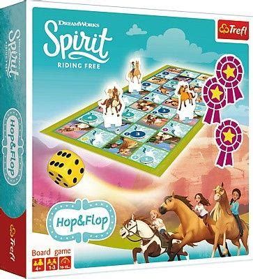 Zdjęcie elementów gry Trefl Hop & Flop Spirit Riding Free, w tym planszy i figurek koni