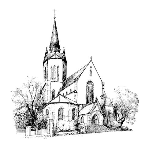 Ilustracja przedstawiająca historyczny kościół przed pożarem