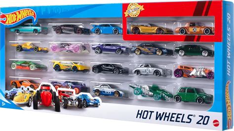 Ilustracja przedstawiająca różnorodne modele samochodzików Hot Wheels