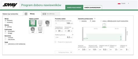Zrzut ekranu z programu doboru nawiewników SMAY
