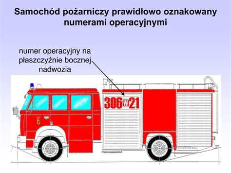 prawidłowo oznakowany numerami operacyjnymi samochód pożarniczy (widok z boku)