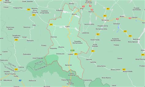 Mapa gminy Dukla z zaznaczoną drogą krajową nr 9