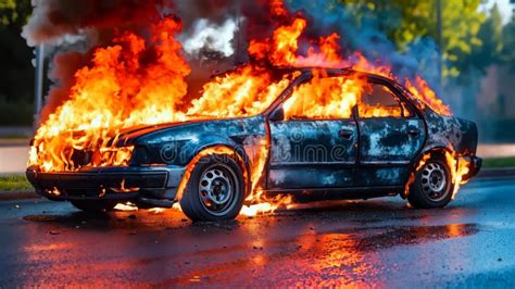 Thematic photo of a car fire on the side of a road, with firefighters present, possibly at dusk.