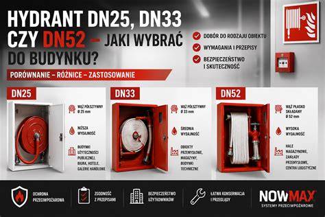 Infografika przedstawiająca typy hydrantów wewnętrznych (DN25, DN33, DN52) i ich zastosowanie