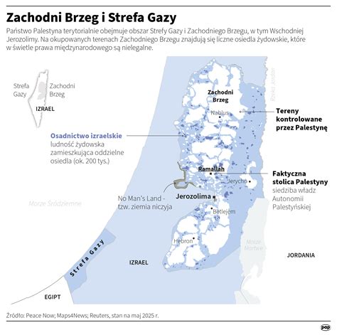 Mapa obszarów objętych konfliktem w Strefie Gazy oraz na Zachodnim Brzegu