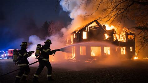 Thematic photo of a house fire with firefighters working