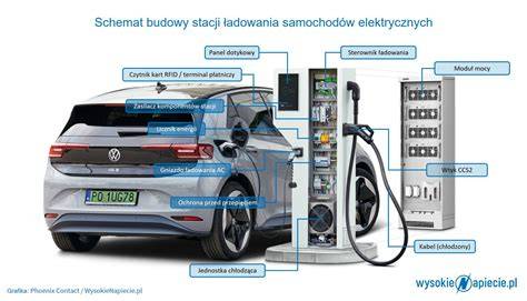 Infografika/schemat działania lancy gaśniczej EV pod samochodem elektrycznym