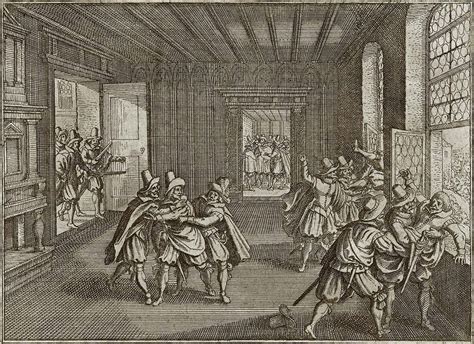 Ilustracja przedstawiająca defenestrację praską w 1618 roku