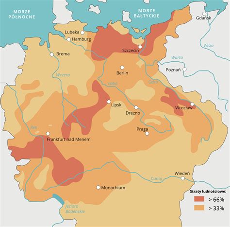 Mapa przedstawiająca straty ludnościowe na terenie Rzeszy Niemieckiej podczas wojny trzydziestoletniej