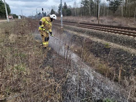 Zdjęcie rozległego pożaru traw wzdłuż nasypu kolejowego z widocznymi torami