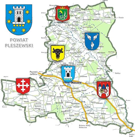 Mapa powiatu pleszewskiego z zaznaczonymi miejscowościami Fabianów, Dobrzyca, Kowalew i Pleszew