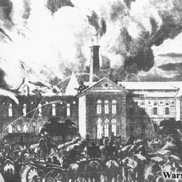 Historyczne zdjęcie lub stylizowana ilustracja przedstawiająca pożar młyna z końca XIX wieku