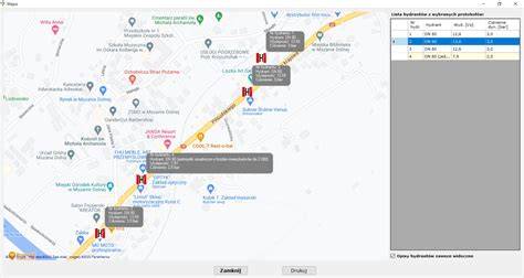 Mapa z przykładowym rozmieszczeniem hydrantów zewnętrznych w terenie zabudowanym
