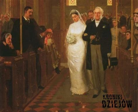 Szkic przedstawiający parę młodą idącą do ołtarza w towarzystwie ojca panny młodej