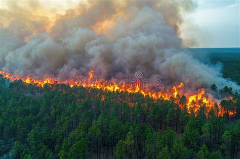 Thematic photo of a large forest fire with smoke and flames