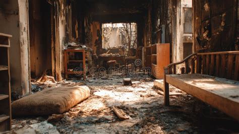 Thematic photo showing a burnt commercial premises interior, emphasizing destruction
