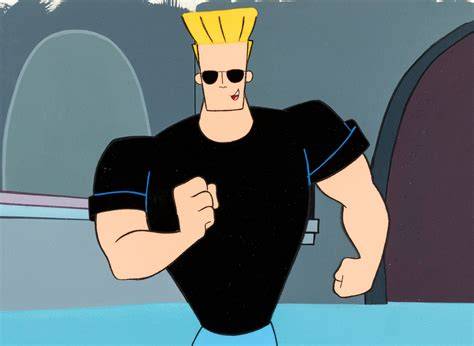 Johnny Bravo - kreskówkowa postać z blond fryzurą i umięśnioną sylwetką w charakterystycznej pozie