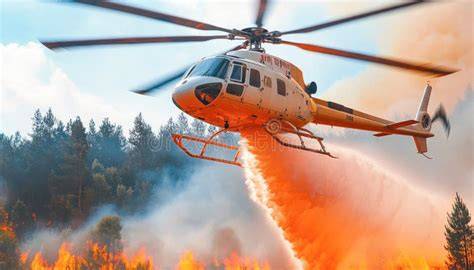 Thematic photo of firefighters extinguishing a forest fire with a helicopter in the background