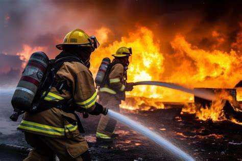 Strażacy gaszący pożar za pomocą czerwonego węża