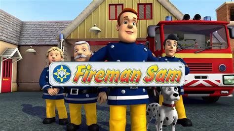 The Strażak Sam logo with main characters, animated style
