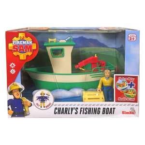 Product photo of Charlie's fishing boat from Strażak Sam, showing its features like the winch and crane, possibly floating in water