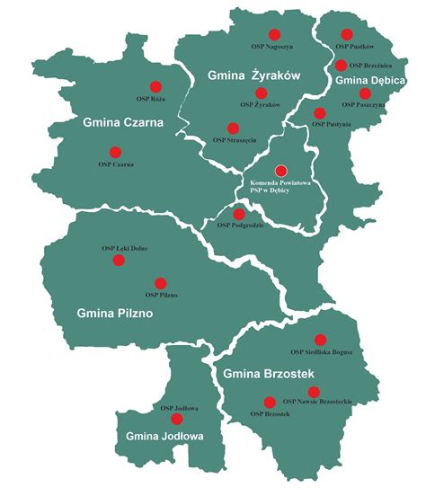 Mapa powiatu koneckiego z zaznaczonymi jednostkami OSP włączonymi do KSRG.