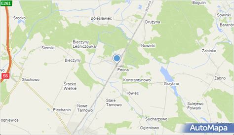 Mapa miejscowości Pecna z zaznaczoną ulicą Główną