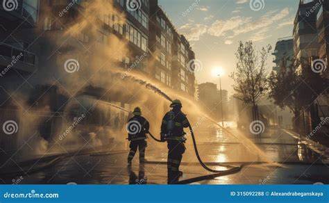 Thematic photo of firefighters extinguishing a fire in an urban environment