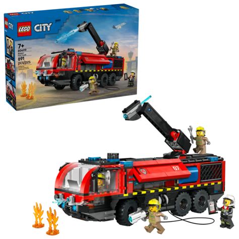 Lotniskowy wóz strażacki LEGO w akcji gaszenia pożaru