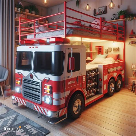 Thematic photo of a child's room with a Kid Kraft fire truck bed and a child playing with a steering wheel.