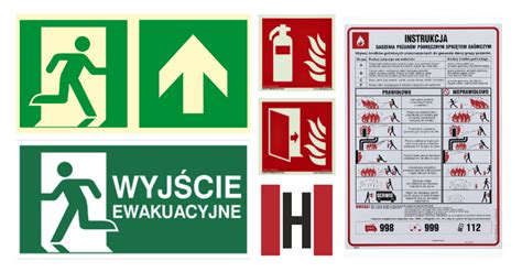Infografika przedstawiająca przegląd dostępnego sprzętu PPOŻ: gaśnice, koce gaśnicze, znaki ewakuacyjne oraz odzież ochronna.