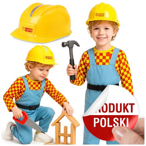 Infografika przedstawiająca postać Boba Budowniczego w pełnym wyposażeniu ochronnym na tle placu budowy