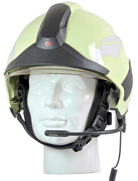 Photo of a Rosenbauer HEROS helmet with various accessories attached, such as a lamp and communication device.