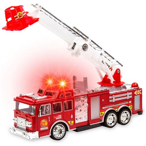 The Jupiter fire truck toy with its ladder extended and lights flashing