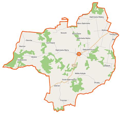 Schematyczna mapa drogowa gminy Żyraków z zaznaczonym położeniem wsi Straszęcin